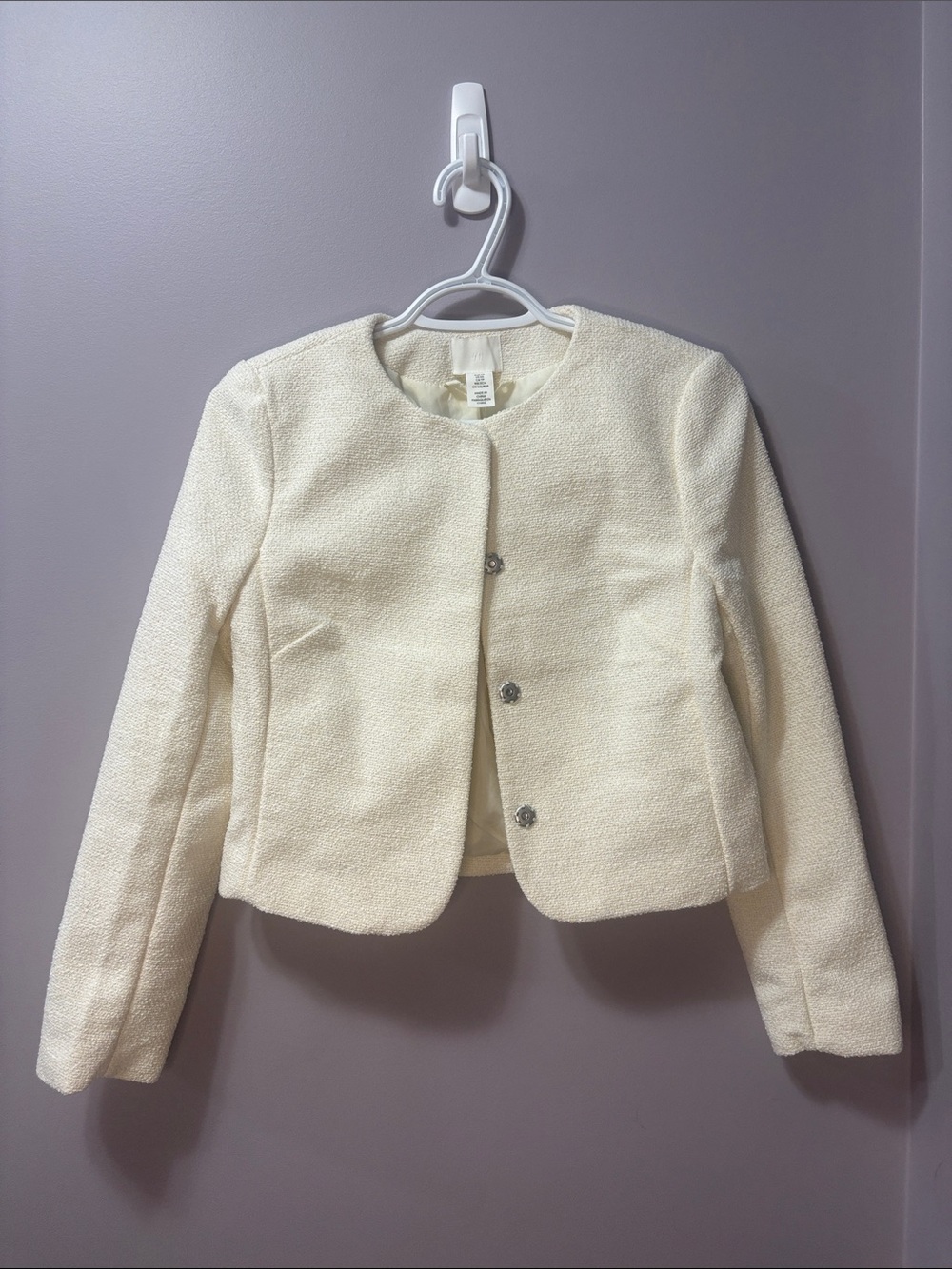 NWT H&M Cream Short Jacket | Bouclé Tweed Cropped Collarless Snap Button | XS - Picture 2 of 10